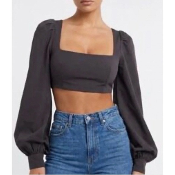 naked wardrobe Tops - Naked Wardrobe Black Crop Top Square Neck Back Zip Size Large Party Goth Grunge